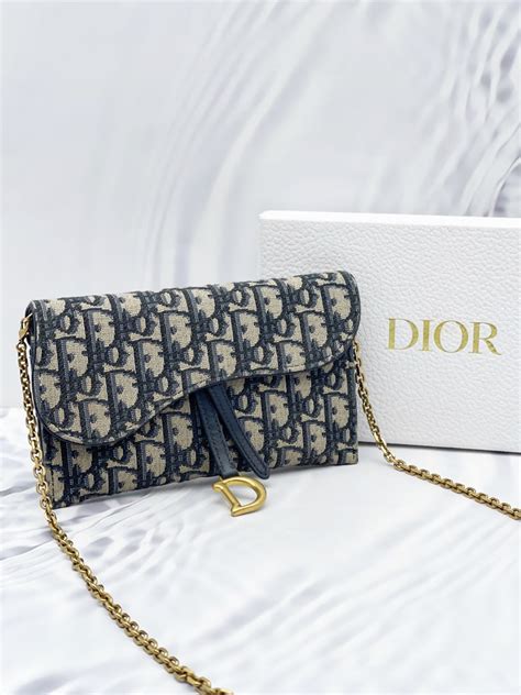 Saddle Long Wallet with Chain Blue Dior Oblique Jacquard 